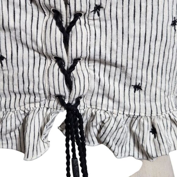American Eagle Striped Black and White Ruffle Lace Up Crop Top - Picture 2 of 7